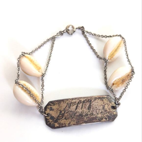 Vintage Estate 1945 Sterling Silver Cowrie Shell Happy Birthday Bracelet - Picture 3 of 3